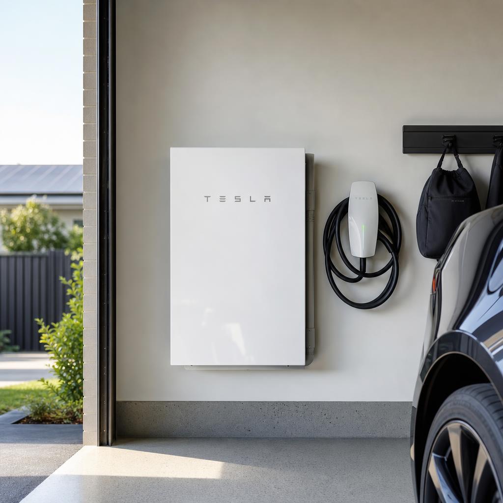 Home battery storage unit and EV charger in a modern Australian garage
