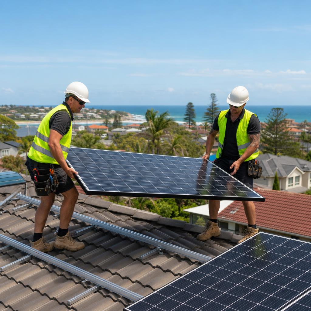 Accredited solar installers fitting panels on an Australian rooftop